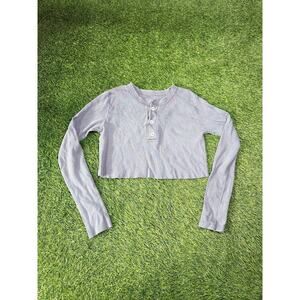 John Galt Cropped Long Sleeve Henley Top Blue Button Womens Small Y2K Baby Tee